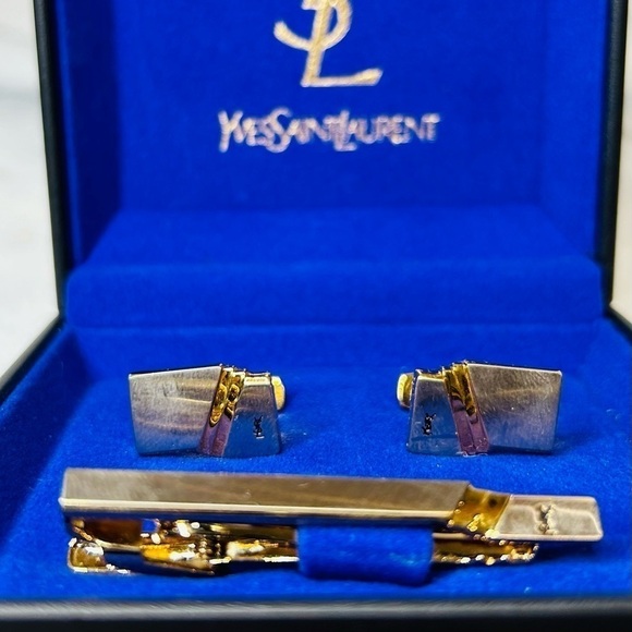 Vintage YSL Yves Saint Laurent Cuff Links & Toe Clip Stay - Gold & Silver - Picture 1 of 9